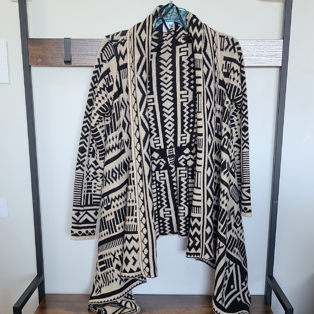 Aztec Cream and Black Asymmetrical Knit Cardigan